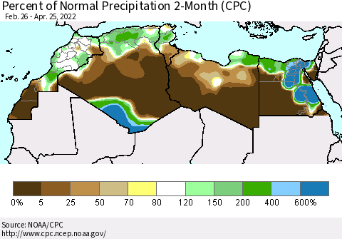 North Africa Percent of Normal Precipitation 2-Month (CPC) Thematic Map For 2/26/2022 - 4/25/2022