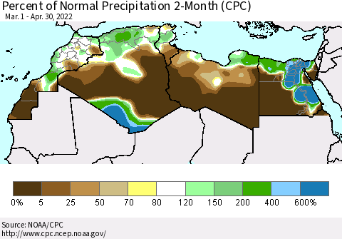 North Africa Percent of Normal Precipitation 2-Month (CPC) Thematic Map For 3/1/2022 - 4/30/2022