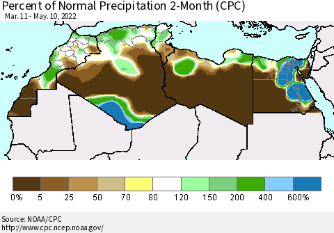 North Africa Percent of Normal Precipitation 2-Month (CPC) Thematic Map For 3/11/2022 - 5/10/2022