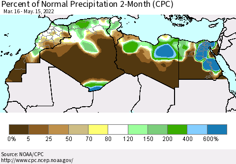 North Africa Percent of Normal Precipitation 2-Month (CPC) Thematic Map For 3/16/2022 - 5/15/2022
