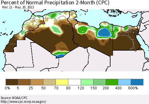 North Africa Percent of Normal Precipitation 2-Month (CPC) Thematic Map For 3/21/2022 - 5/20/2022
