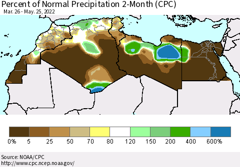 North Africa Percent of Normal Precipitation 2-Month (CPC) Thematic Map For 3/26/2022 - 5/25/2022