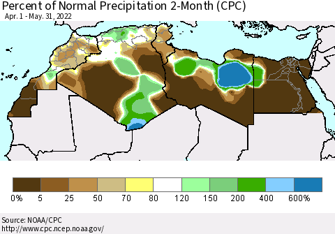 North Africa Percent of Normal Precipitation 2-Month (CPC) Thematic Map For 4/1/2022 - 5/31/2022