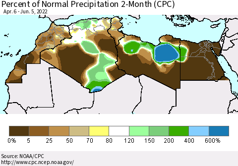 North Africa Percent of Normal Precipitation 2-Month (CPC) Thematic Map For 4/6/2022 - 6/5/2022