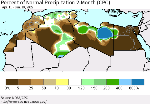 North Africa Percent of Normal Precipitation 2-Month (CPC) Thematic Map For 4/11/2022 - 6/10/2022