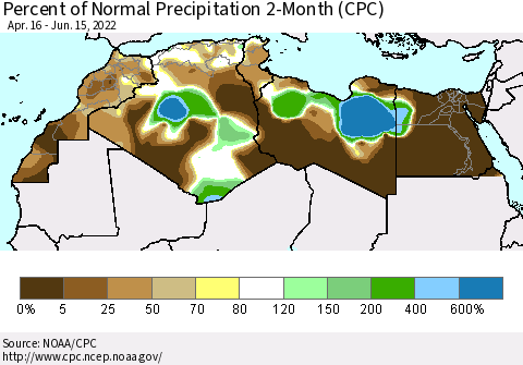 North Africa Percent of Normal Precipitation 2-Month (CPC) Thematic Map For 4/16/2022 - 6/15/2022