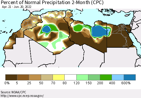 North Africa Percent of Normal Precipitation 2-Month (CPC) Thematic Map For 4/21/2022 - 6/20/2022