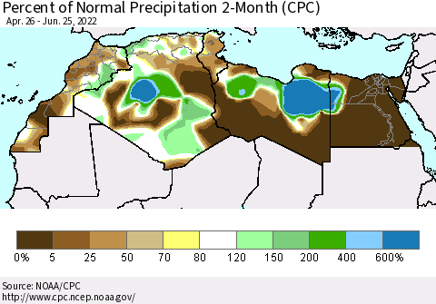 North Africa Percent of Normal Precipitation 2-Month (CPC) Thematic Map For 4/26/2022 - 6/25/2022