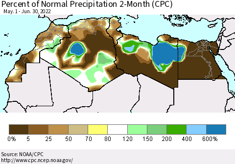 North Africa Percent of Normal Precipitation 2-Month (CPC) Thematic Map For 5/1/2022 - 6/30/2022