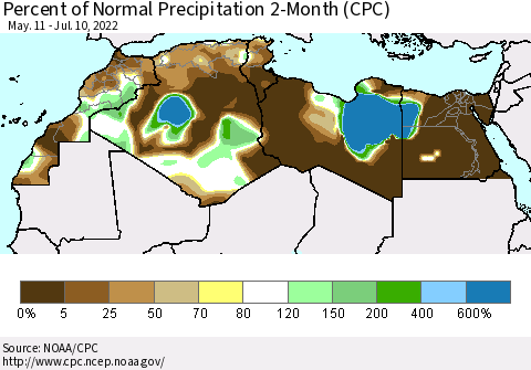 North Africa Percent of Normal Precipitation 2-Month (CPC) Thematic Map For 5/11/2022 - 7/10/2022