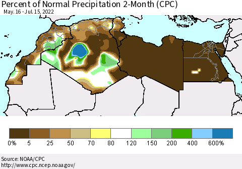 North Africa Percent of Normal Precipitation 2-Month (CPC) Thematic Map For 5/16/2022 - 7/15/2022