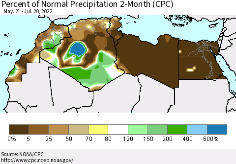 North Africa Percent of Normal Precipitation 2-Month (CPC) Thematic Map For 5/21/2022 - 7/20/2022