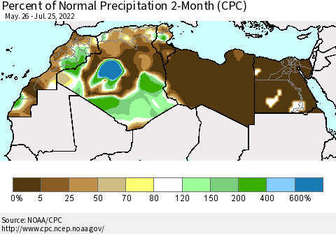 North Africa Percent of Normal Precipitation 2-Month (CPC) Thematic Map For 5/26/2022 - 7/25/2022