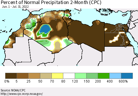 North Africa Percent of Normal Precipitation 2-Month (CPC) Thematic Map For 6/1/2022 - 7/31/2022