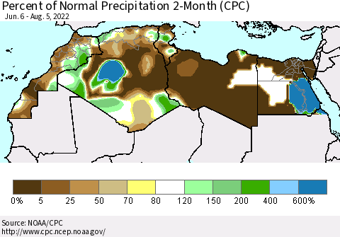 North Africa Percent of Normal Precipitation 2-Month (CPC) Thematic Map For 6/6/2022 - 8/5/2022