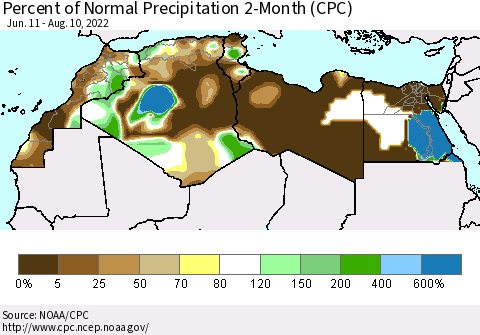North Africa Percent of Normal Precipitation 2-Month (CPC) Thematic Map For 6/11/2022 - 8/10/2022