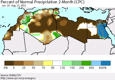 North Africa Percent of Normal Precipitation 2-Month (CPC) Thematic Map For 6/16/2022 - 8/15/2022