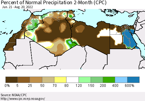 North Africa Percent of Normal Precipitation 2-Month (CPC) Thematic Map For 6/21/2022 - 8/20/2022