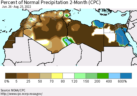 North Africa Percent of Normal Precipitation 2-Month (CPC) Thematic Map For 6/26/2022 - 8/25/2022