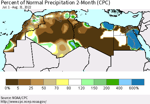 North Africa Percent of Normal Precipitation 2-Month (CPC) Thematic Map For 7/1/2022 - 8/31/2022