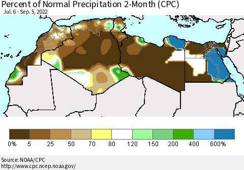 North Africa Percent of Normal Precipitation 2-Month (CPC) Thematic Map For 7/6/2022 - 9/5/2022