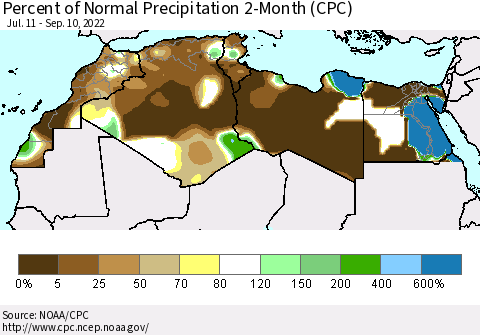 North Africa Percent of Normal Precipitation 2-Month (CPC) Thematic Map For 7/11/2022 - 9/10/2022