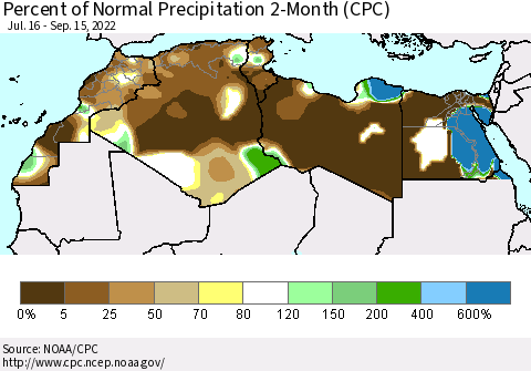 North Africa Percent of Normal Precipitation 2-Month (CPC) Thematic Map For 7/16/2022 - 9/15/2022