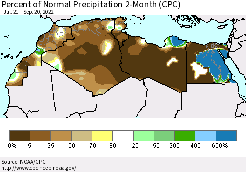 North Africa Percent of Normal Precipitation 2-Month (CPC) Thematic Map For 7/21/2022 - 9/20/2022
