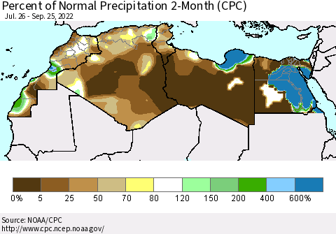 North Africa Percent of Normal Precipitation 2-Month (CPC) Thematic Map For 7/26/2022 - 9/25/2022