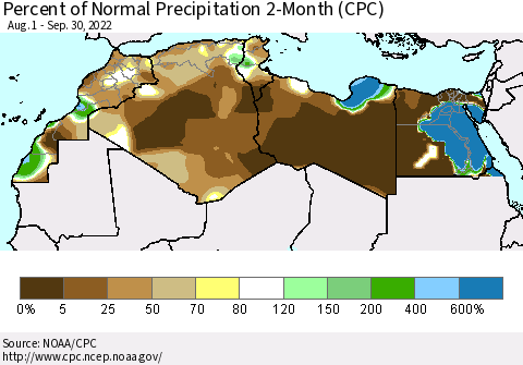 North Africa Percent of Normal Precipitation 2-Month (CPC) Thematic Map For 8/1/2022 - 9/30/2022