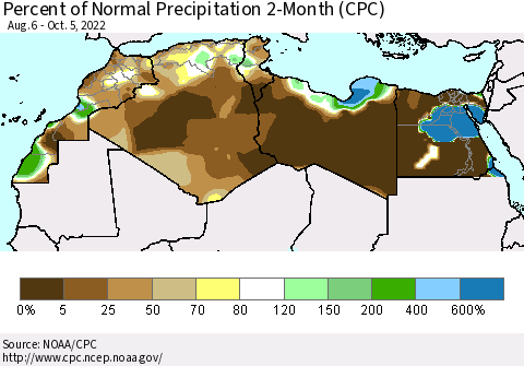 North Africa Percent of Normal Precipitation 2-Month (CPC) Thematic Map For 8/6/2022 - 10/5/2022