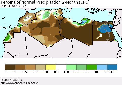 North Africa Percent of Normal Precipitation 2-Month (CPC) Thematic Map For 8/11/2022 - 10/10/2022
