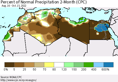 North Africa Percent of Normal Precipitation 2-Month (CPC) Thematic Map For 8/16/2022 - 10/15/2022
