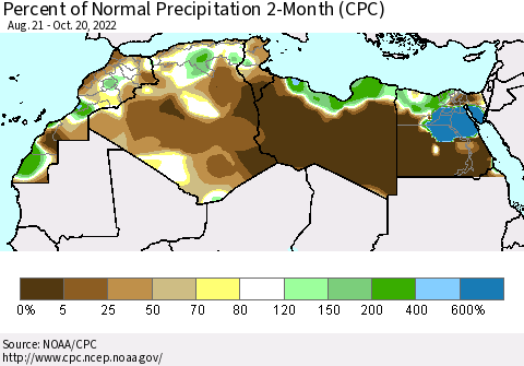 North Africa Percent of Normal Precipitation 2-Month (CPC) Thematic Map For 8/21/2022 - 10/20/2022
