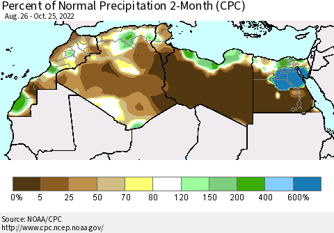 North Africa Percent of Normal Precipitation 2-Month (CPC) Thematic Map For 8/26/2022 - 10/25/2022