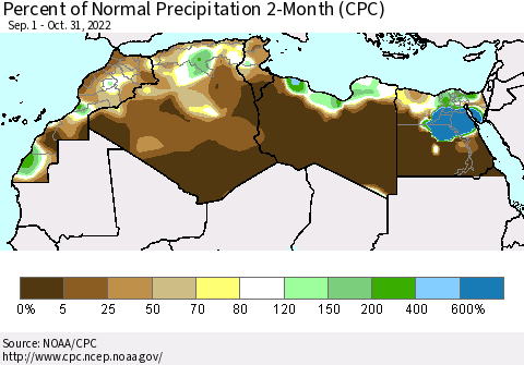North Africa Percent of Normal Precipitation 2-Month (CPC) Thematic Map For 9/1/2022 - 10/31/2022