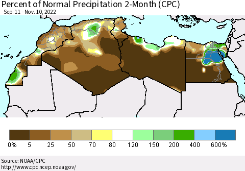 North Africa Percent of Normal Precipitation 2-Month (CPC) Thematic Map For 9/11/2022 - 11/10/2022