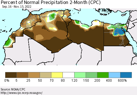 North Africa Percent of Normal Precipitation 2-Month (CPC) Thematic Map For 9/16/2022 - 11/15/2022