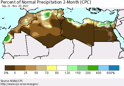 North Africa Percent of Normal Precipitation 2-Month (CPC) Thematic Map For 9/21/2022 - 11/20/2022