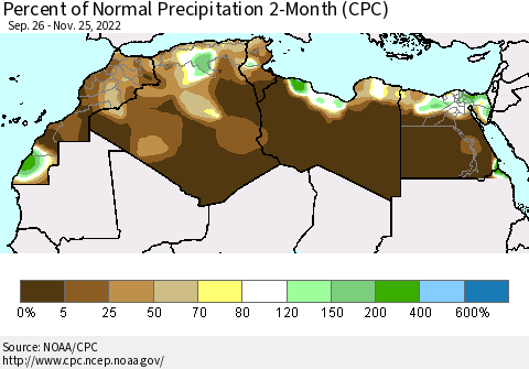 North Africa Percent of Normal Precipitation 2-Month (CPC) Thematic Map For 9/26/2022 - 11/25/2022