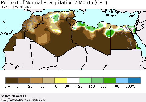 North Africa Percent of Normal Precipitation 2-Month (CPC) Thematic Map For 10/1/2022 - 11/30/2022