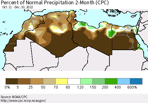 North Africa Percent of Normal Precipitation 2-Month (CPC) Thematic Map For 10/11/2022 - 12/10/2022