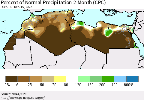 North Africa Percent of Normal Precipitation 2-Month (CPC) Thematic Map For 10/16/2022 - 12/15/2022