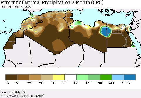 North Africa Percent of Normal Precipitation 2-Month (CPC) Thematic Map For 10/21/2022 - 12/20/2022