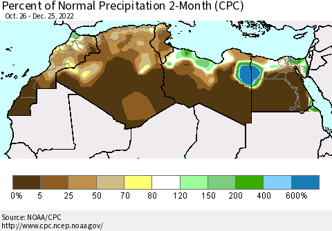 North Africa Percent of Normal Precipitation 2-Month (CPC) Thematic Map For 10/26/2022 - 12/25/2022