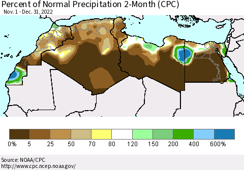 North Africa Percent of Normal Precipitation 2-Month (CPC) Thematic Map For 11/1/2022 - 12/31/2022