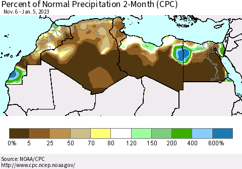 North Africa Percent of Normal Precipitation 2-Month (CPC) Thematic Map For 11/6/2022 - 1/5/2023