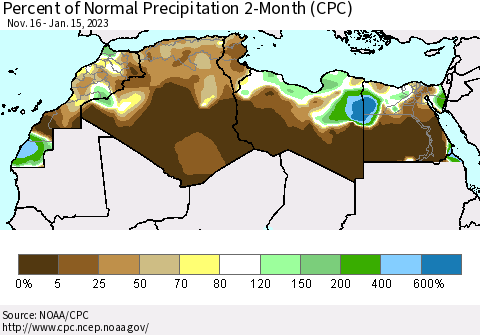 North Africa Percent of Normal Precipitation 2-Month (CPC) Thematic Map For 11/16/2022 - 1/15/2023