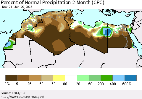 North Africa Percent of Normal Precipitation 2-Month (CPC) Thematic Map For 11/21/2022 - 1/20/2023