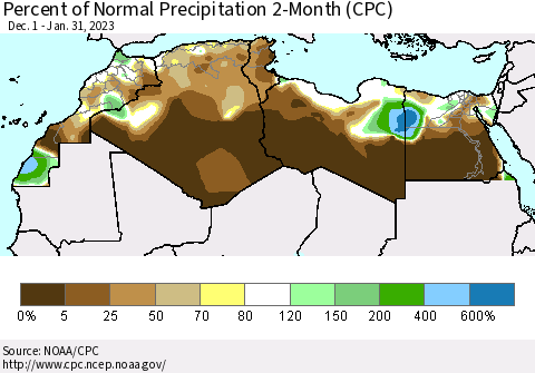 North Africa Percent of Normal Precipitation 2-Month (CPC) Thematic Map For 12/1/2022 - 1/31/2023